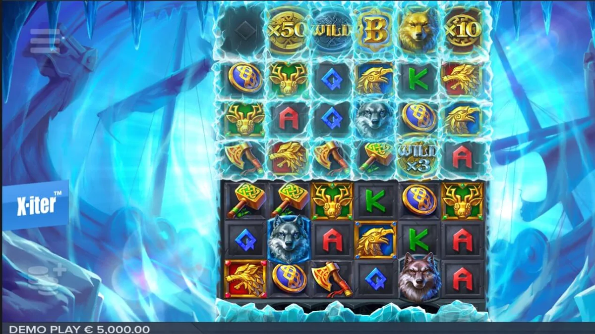 Captura de tela do jogo Ice Wolf 2, mostrando uma grade de slot congelada com símbolos temáticos de lobo e ártico, e a Linha de Bônus na parte superior.