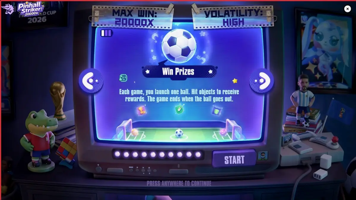 Captura de tela do jogo Pinball Striker 20.000x, mostrando um campo de futebol neon-iluminado com elementos de pinball e uma bola prestes a ser lançada.